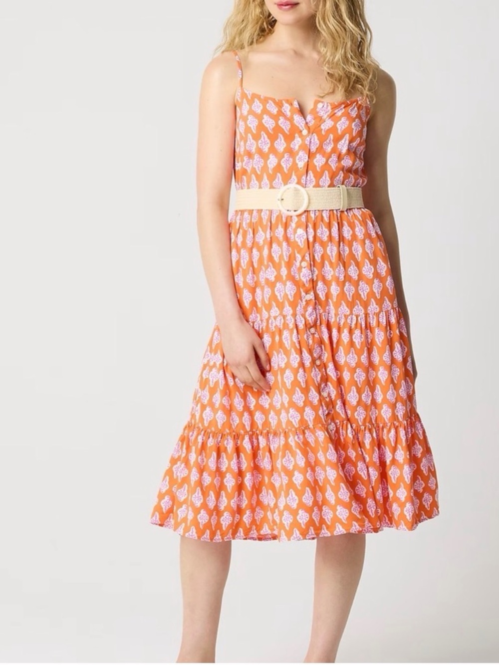 J. Crew Orange Printed Midi Dress with White Motif